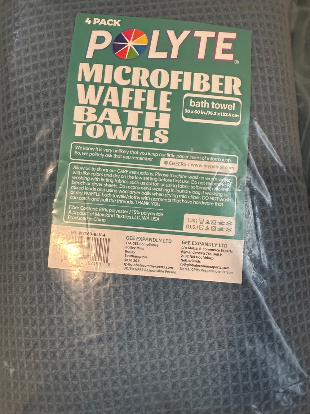 Polyte Microfiber Waffle Bath Towel - Teal (4 Pack)